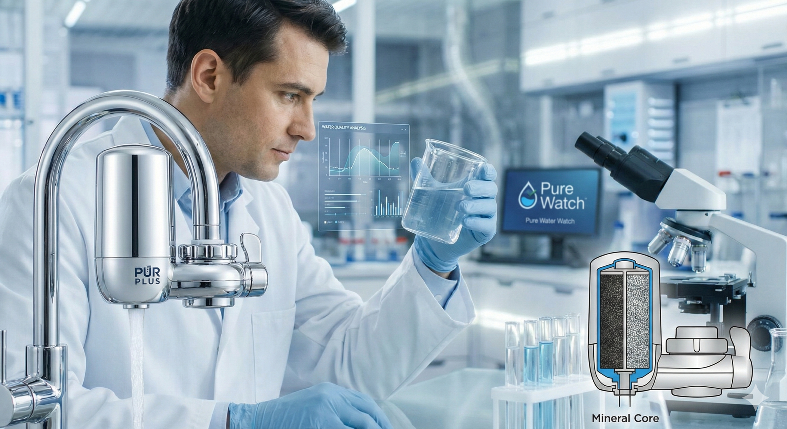 Chemist analyzing the PUR PLUS Faucet Filtration System performance and Mineral Core technology in a laboratory