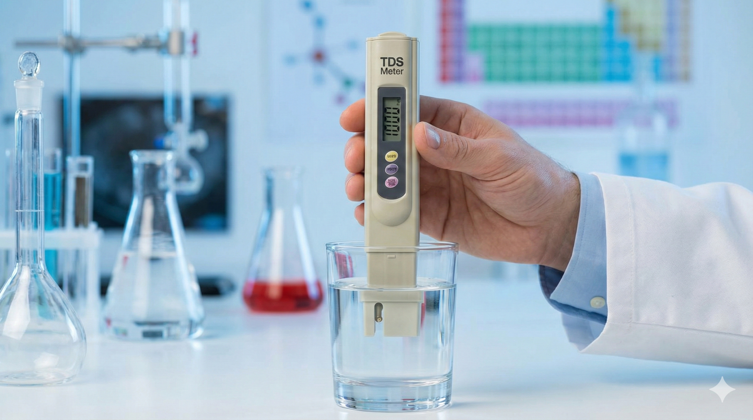A chemist in a white lab coat testing a glass of water with a digital TDS meter in a laboratory, explaining the science behind a high TDS reading.