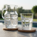 Glass pitcher and a glass of ice-cold, purified ZeroWater on wooden coasters outdoors.