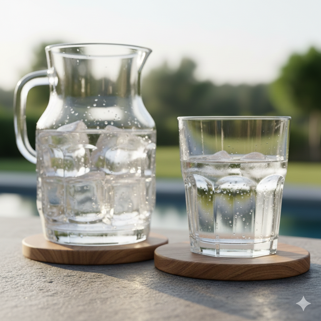 Glass pitcher and a glass of ice-cold, purified ZeroWater on wooden coasters outdoors.