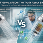 AquaBliss SF100 vs SF500 shower filter comparison review by a chemist. Image shows internal KDF-55 and carbon layers, explains why TDS meters don't work, and recommends SF500 for hard water.