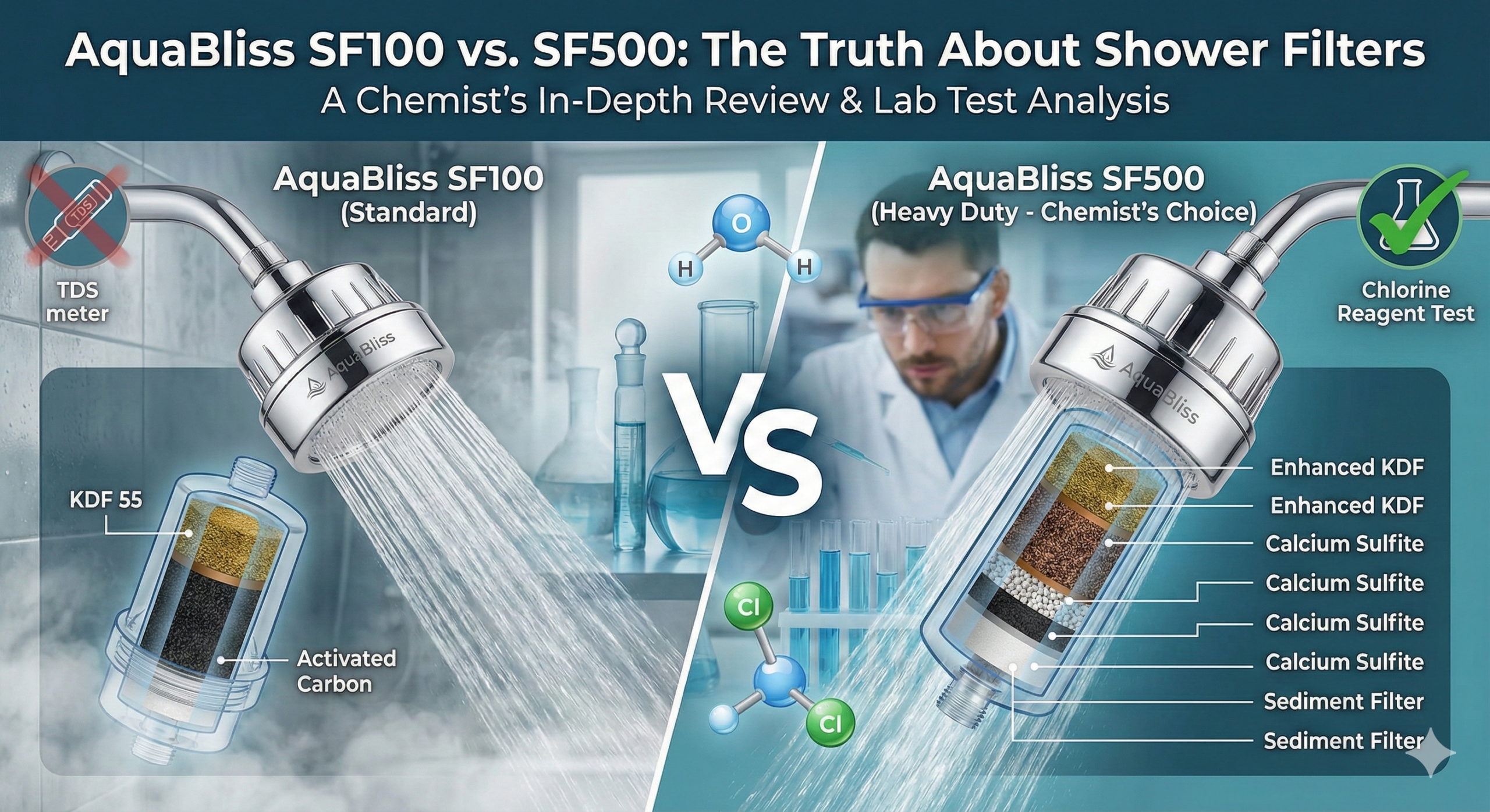AquaBliss SF100 vs SF500 shower filter comparison review by a chemist. Image shows internal KDF-55 and carbon layers, explains why TDS meters don't work, and recommends SF500 for hard water.
