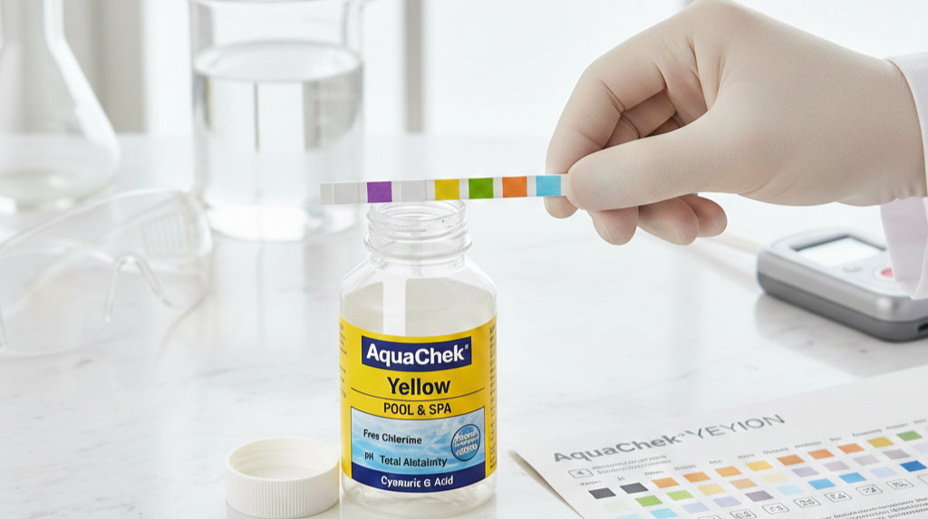 Chemist analyzing pool water balance for AquaChek Yellow Review."